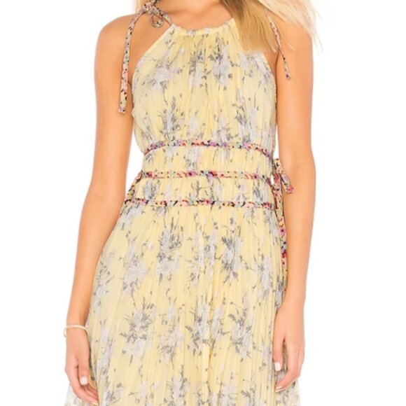 Rebecca Taylor Lemon Rose Goddess Pleat Floral Yellow Ties Midi Dress XS $495 - Picture 1 of 10